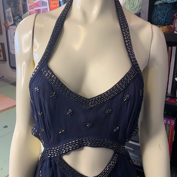 Free People Navy Blue Beaded Cutout Mini Club Dress - Picture 4 of 13